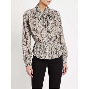 Frame Snakeskin Long Sleeve Tie Neck Peplum Silk Blouse